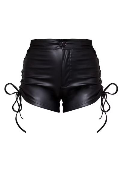 BLACK FAUX LEATHER TIE SIDE HOT PANTS